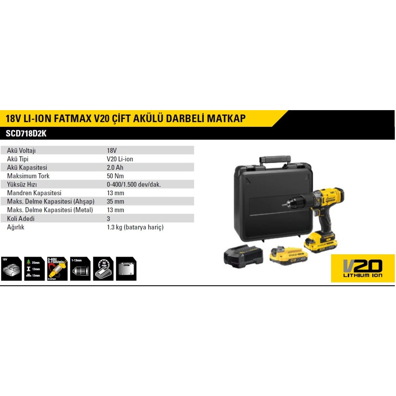 18V 2.0AH V20 LİTYUM ÇİFT AKÜLÜ DARBELİ MATKAP