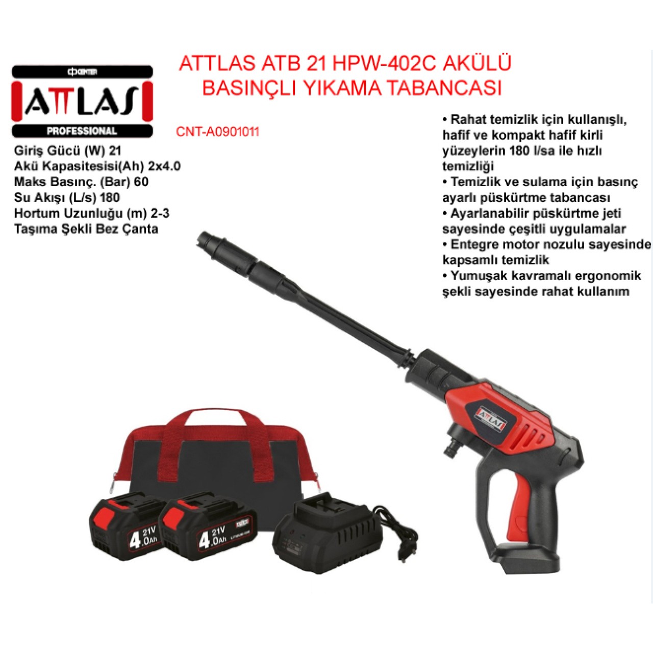 ATB21 HPW-402C 21V AKÜLÜ TABANCA BASINÇLI YIKAMA 2X4.0AH ATTLAS