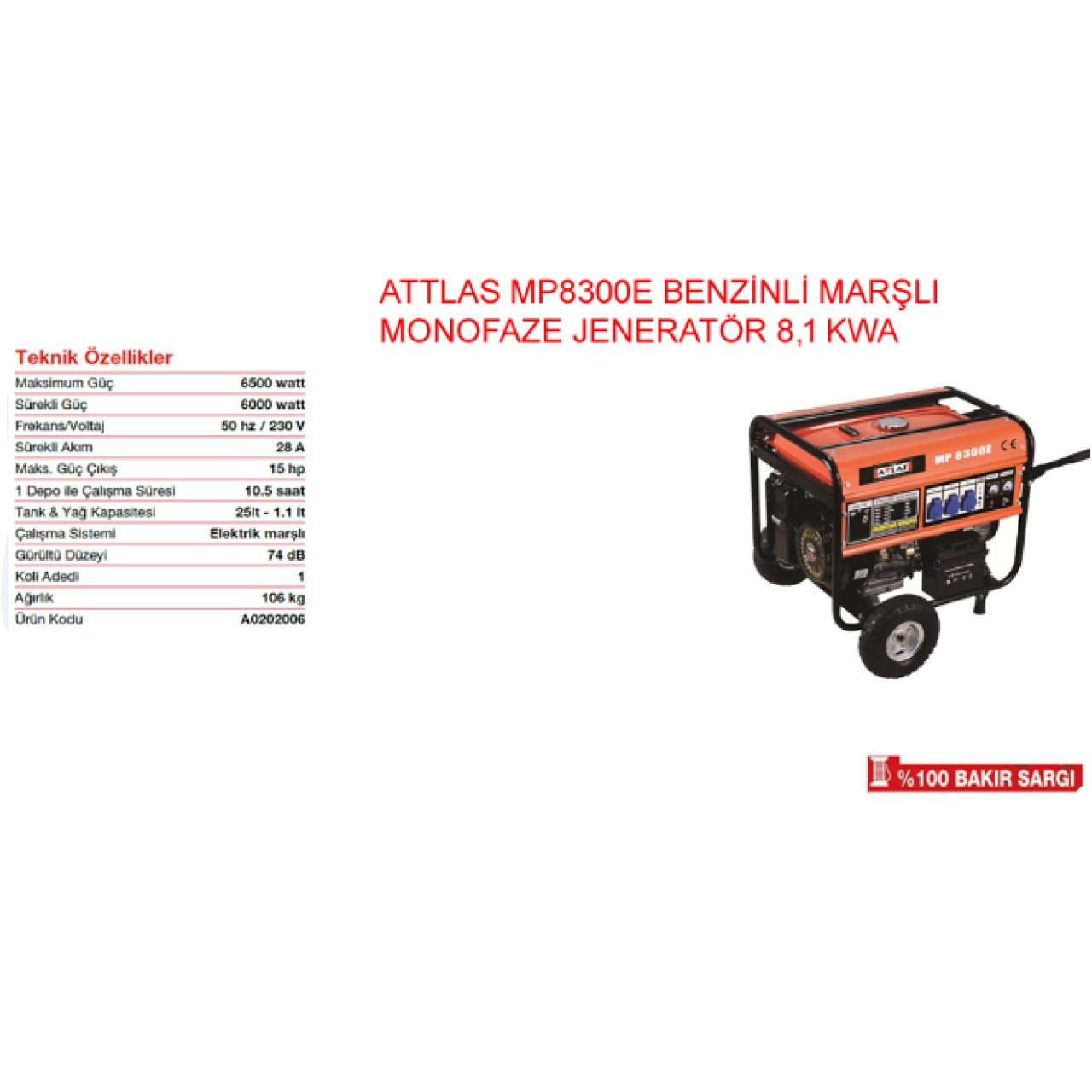 MP8300E BENZİNLİ MONOFAZE JENERATÖR MARŞLI