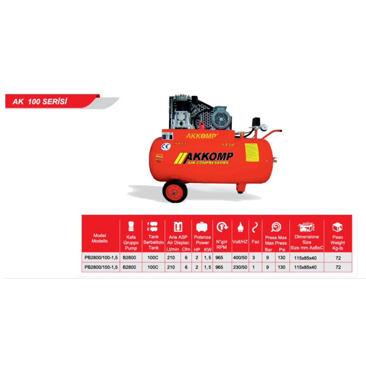 TEK KADEMELİ KOMPRESÖR 2HP 8 BAR 100LT MONOFAZE